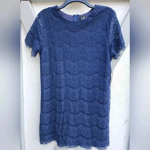 NWT! Lulus Take Me to Brunch Navy Blue Lace Overlay Shift Dress Size L - Picture 6 of 10